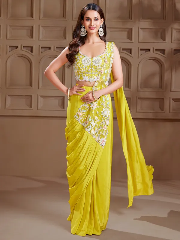 Trendy lime yellow satin saree