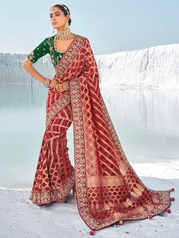 Trendy maroon bandhej saree