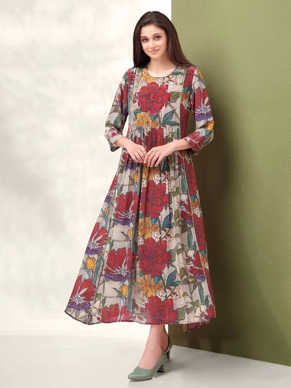 Trendy maroon printed silk kurti