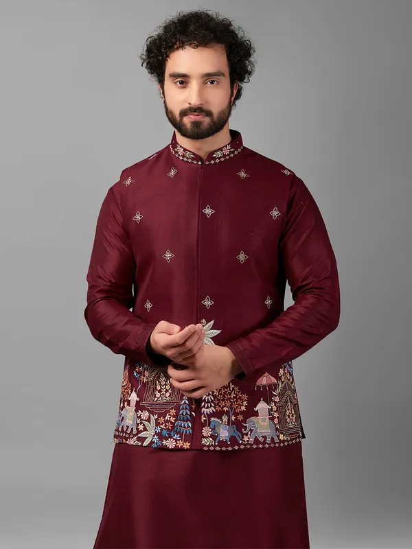 Trendy maroon silk waistcoat set