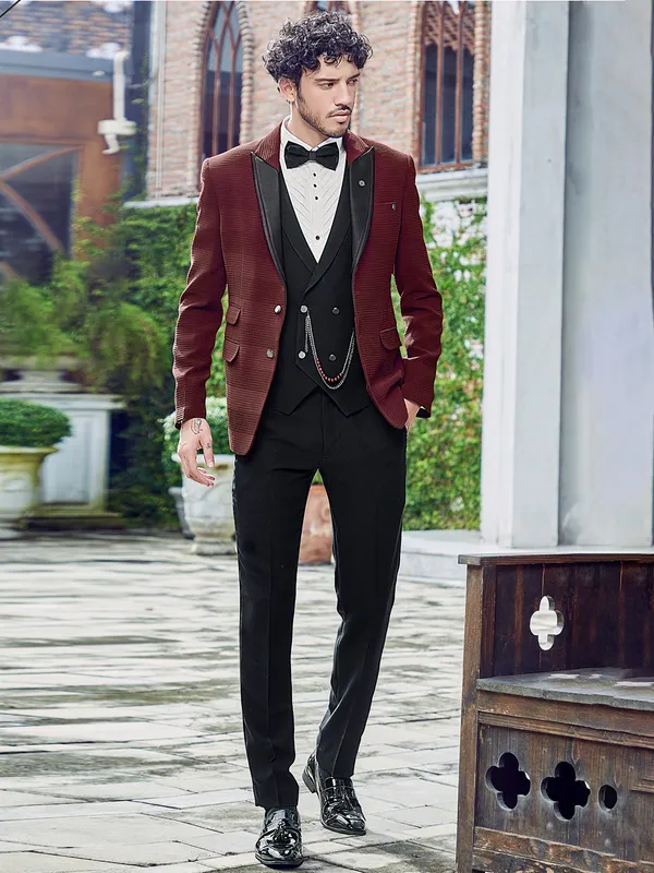 Trendy maroon terry rayon coat suit for reception