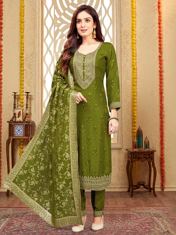 Trendy mehendi green silk salwar suit
