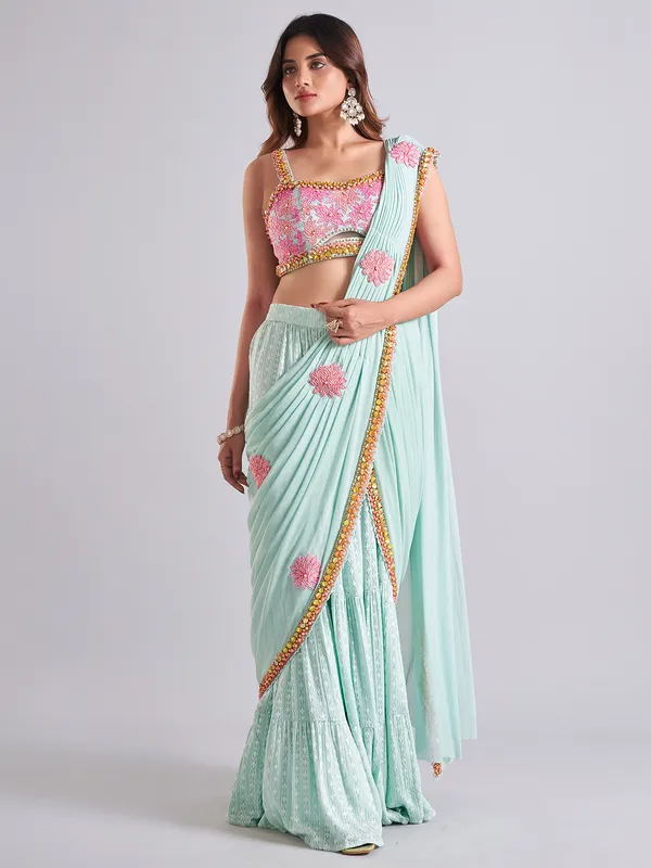 Trendy mint blue georgette saree