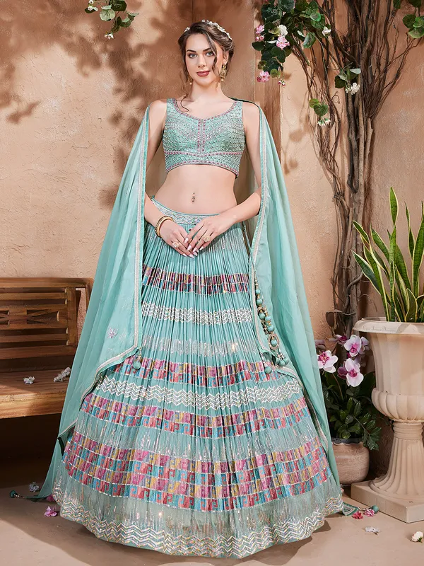 Trendy sage green lehenga choli with dupatta