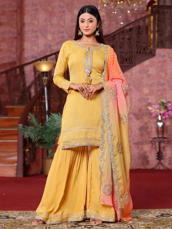 Trendy mustard yellow georgette sharara suit
