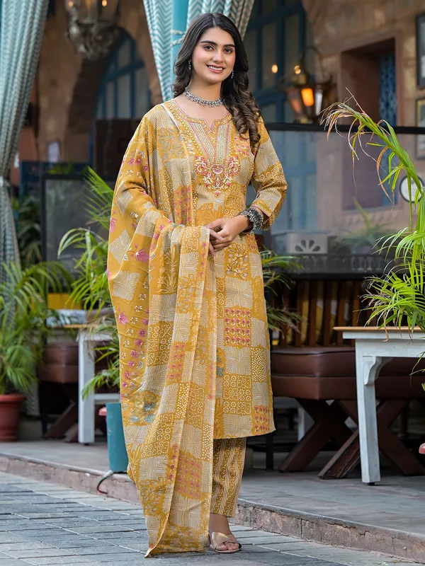 Trendy mustard yellow printed kurti set