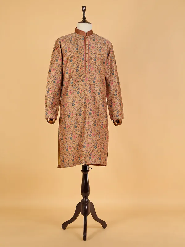 Trendy mustard yellow printed silk kurta suit