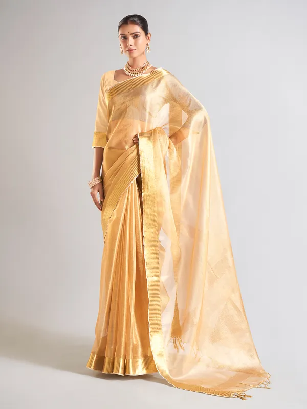 Trendy mustard yellow saree in tissue silk