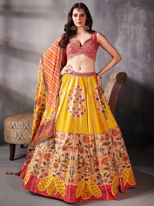 Trendy mustard yellow silk printed lehenga choli