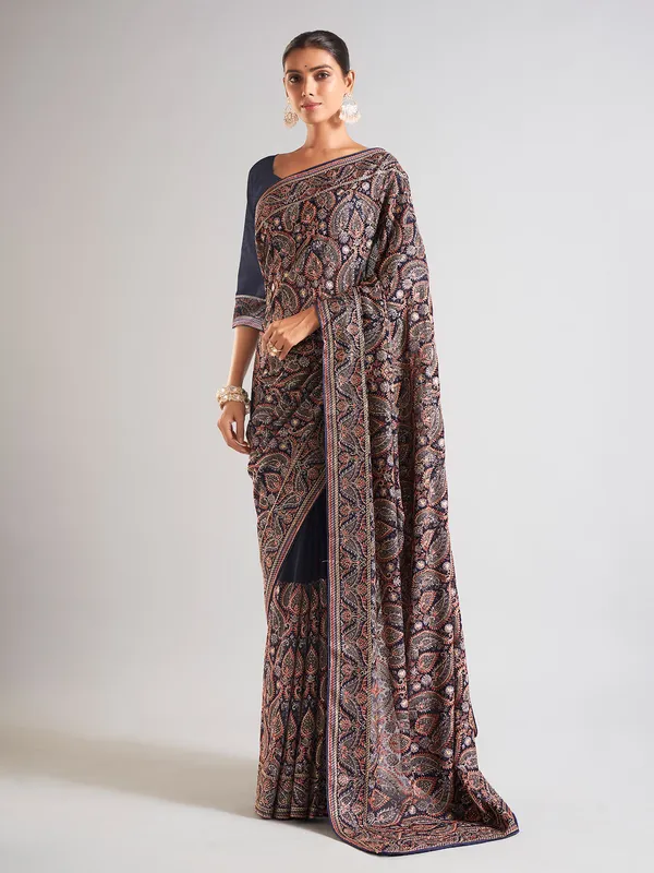 Trendy navy georgette saree for wedding