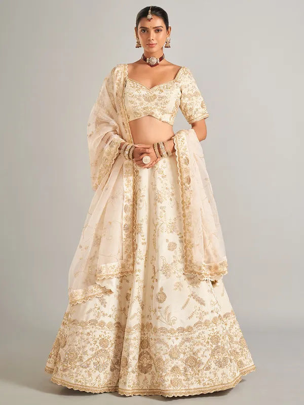 Trendy off-white lehenga choli for reception