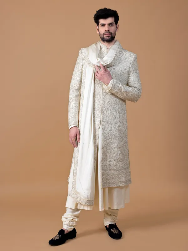 Trendy off white raw silk sherwani for groom