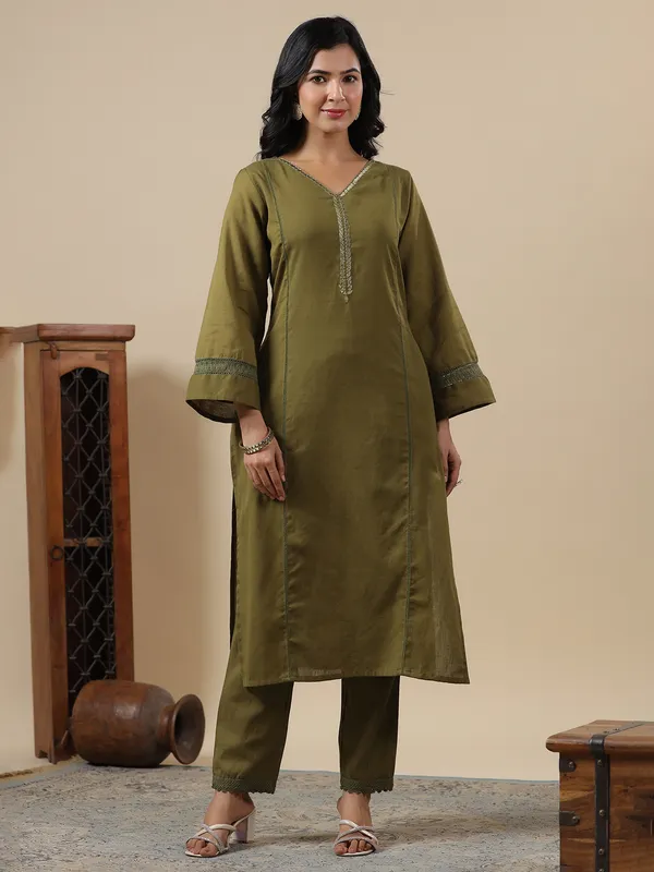 Trendy olive cotton kurti set