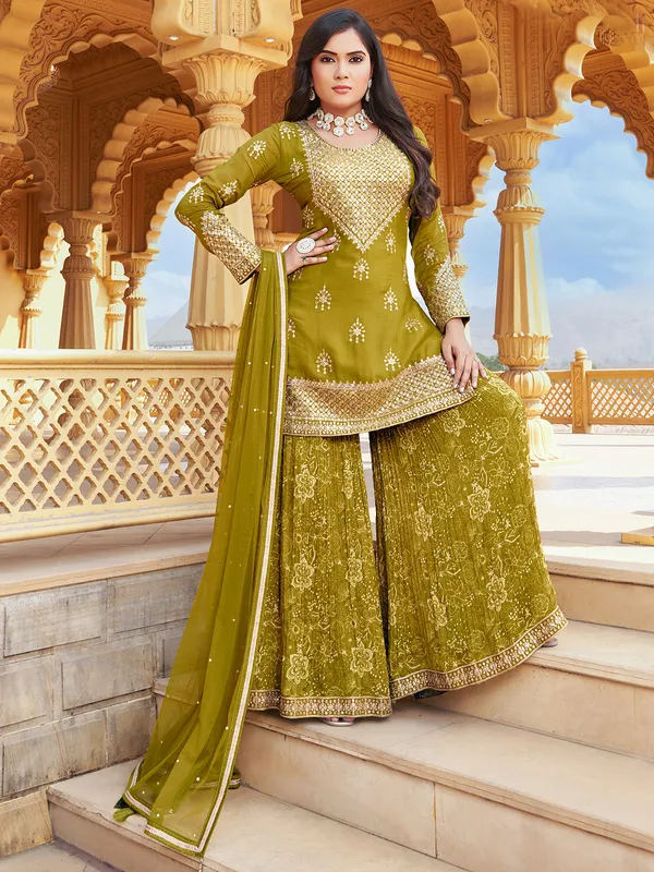 Trendy olive silk palazzo suit
