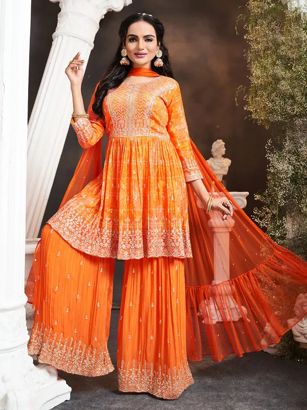 Trendy orange palazzo suit with dupatta