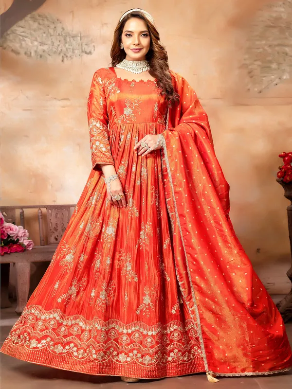 Trendy orange silk anarkali suit for wedding