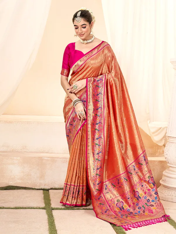 Trendy orange tissue silk printed saree