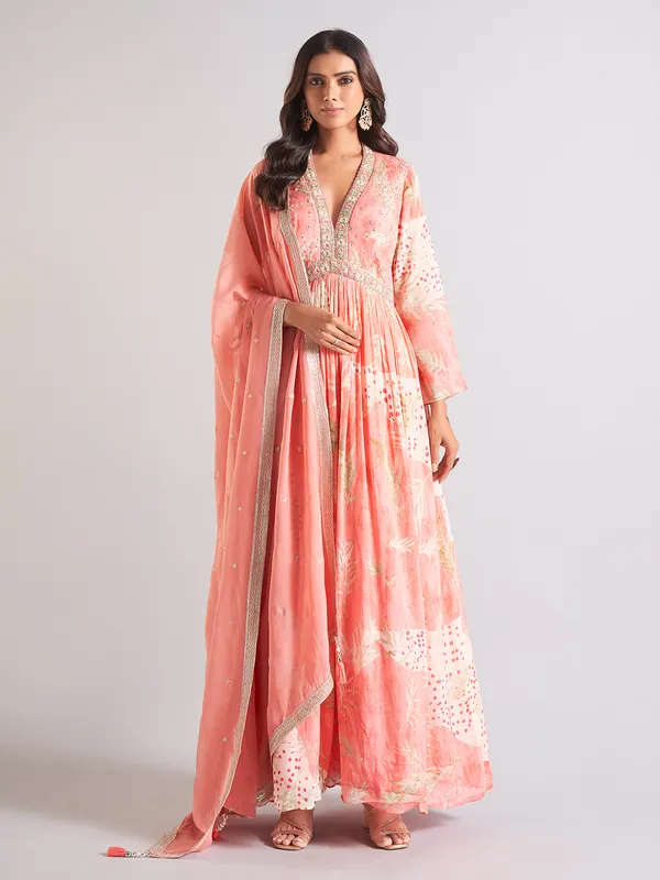 Trendy peach printed anarkali salwar suit