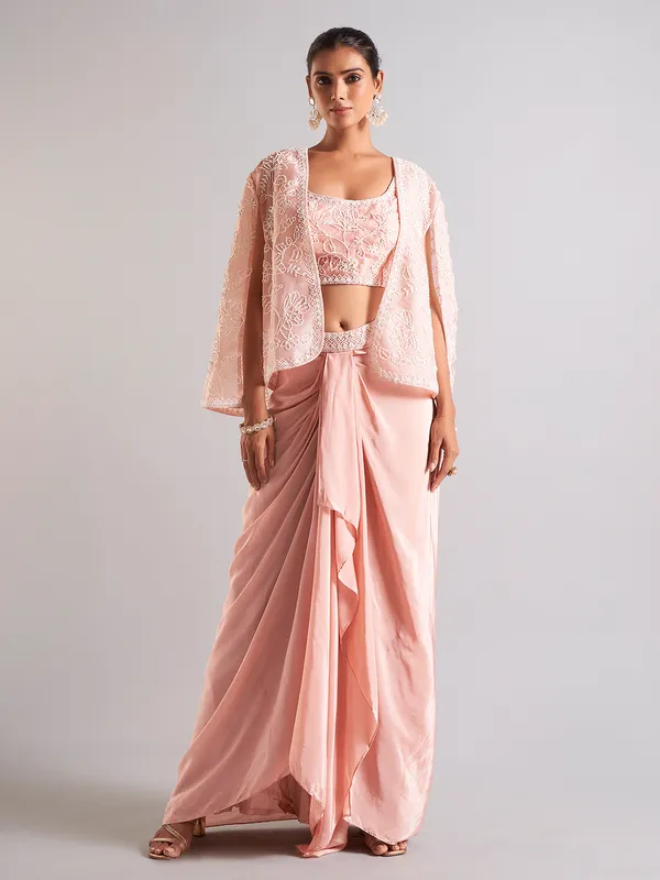 Trendy peach satin indowestern