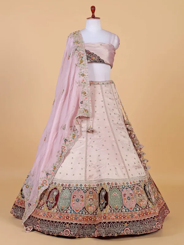 Trendy peach silk unstitched wedding style lehenga choli