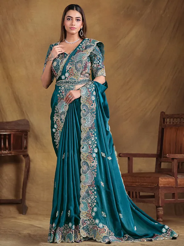 Trendy peacock blue satin silk saree
