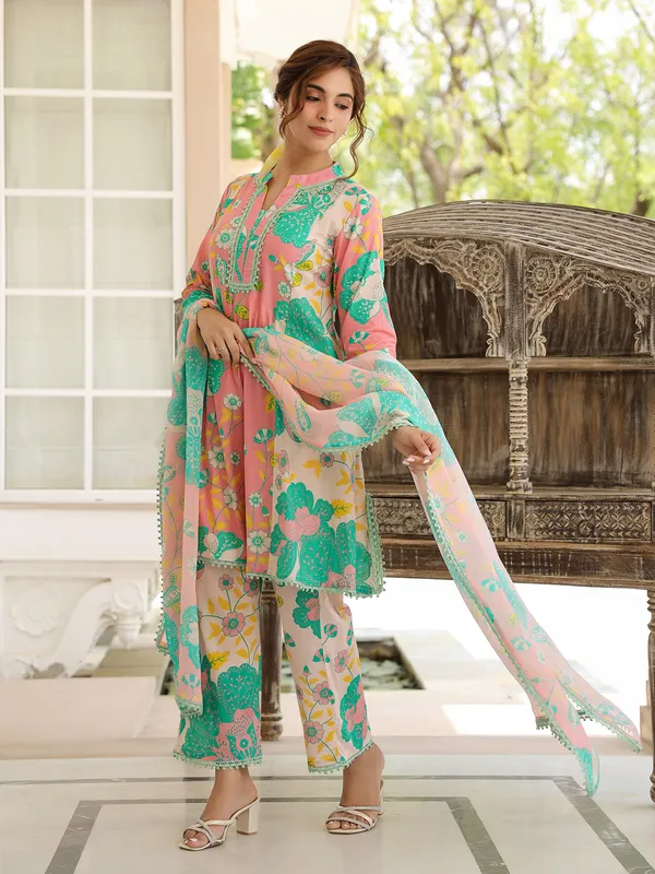 Trendy pink and green printed kurti set