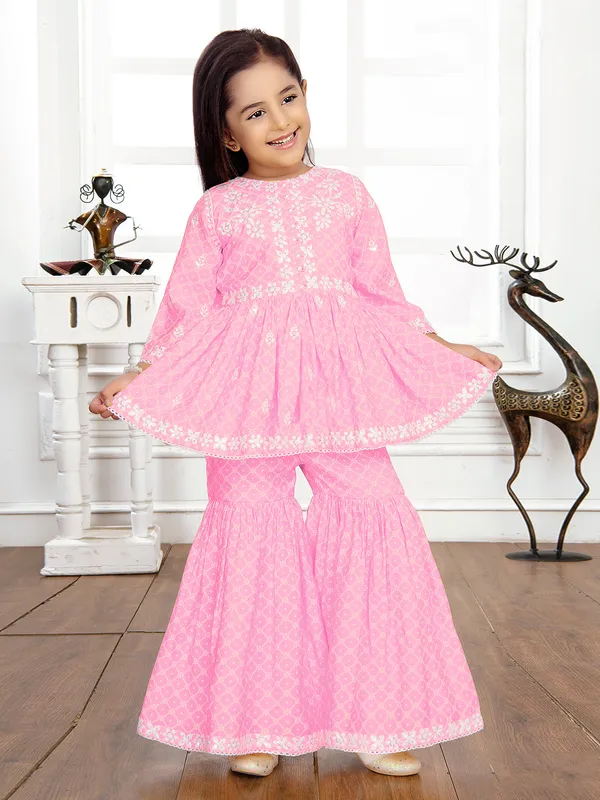 Trendy pink printed cotton sharara suit