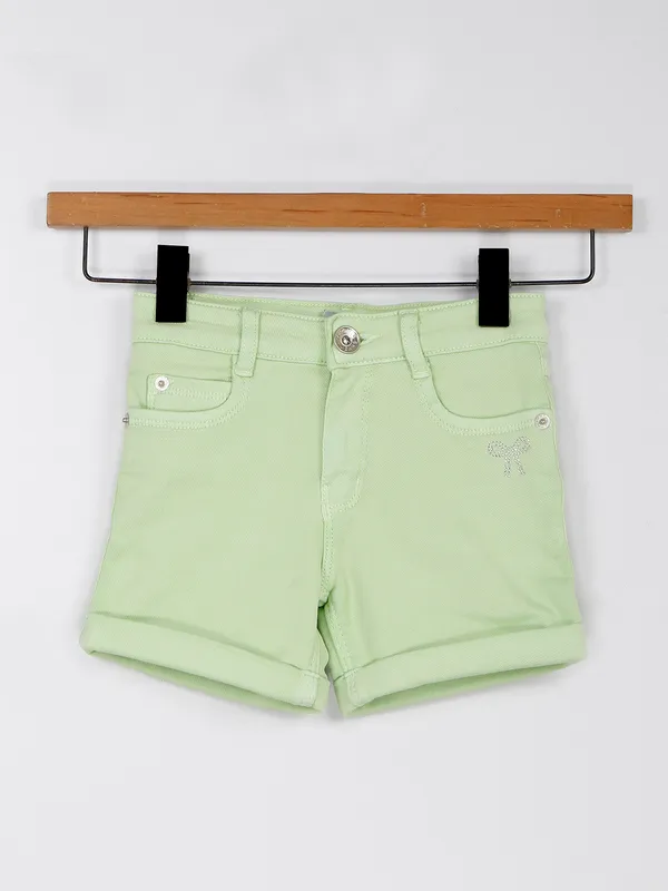 Trendy pista green denim shorts for girls