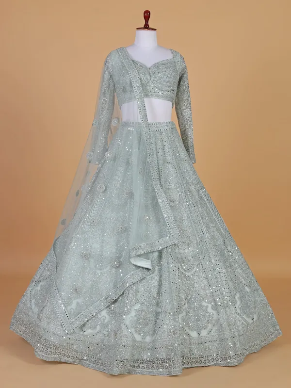 Trendy powder blue net lehenga choli for wedding