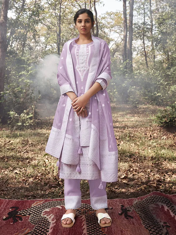 Trendy purple cotton silk kurti set
