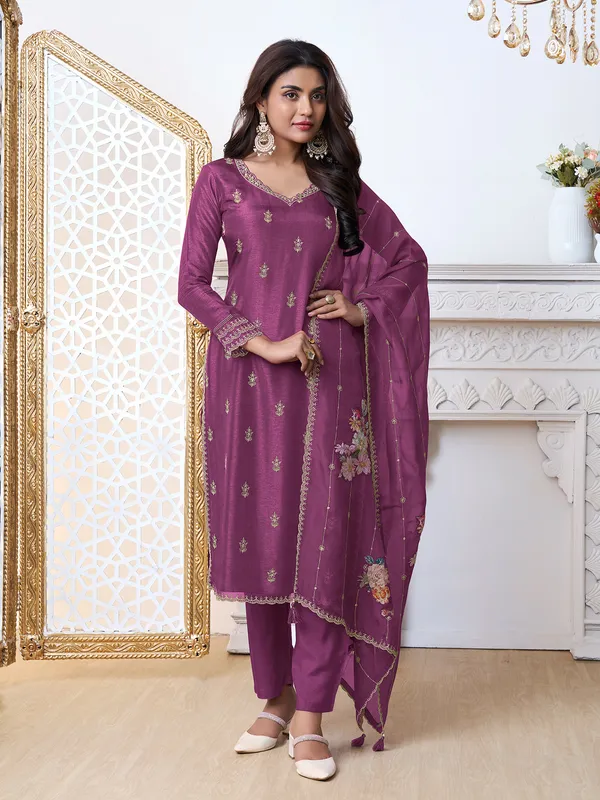 Trendy purple cotton silk salwar suit