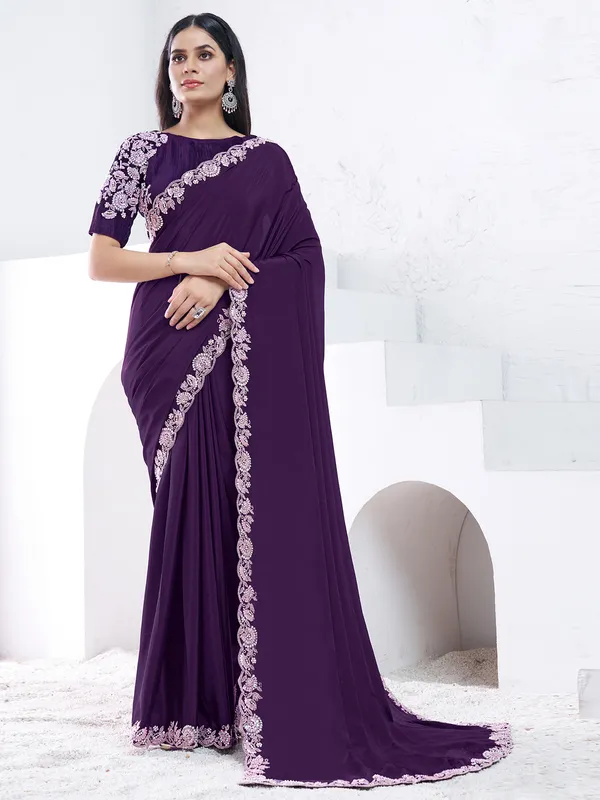 Trendy purple crepe party wear saree