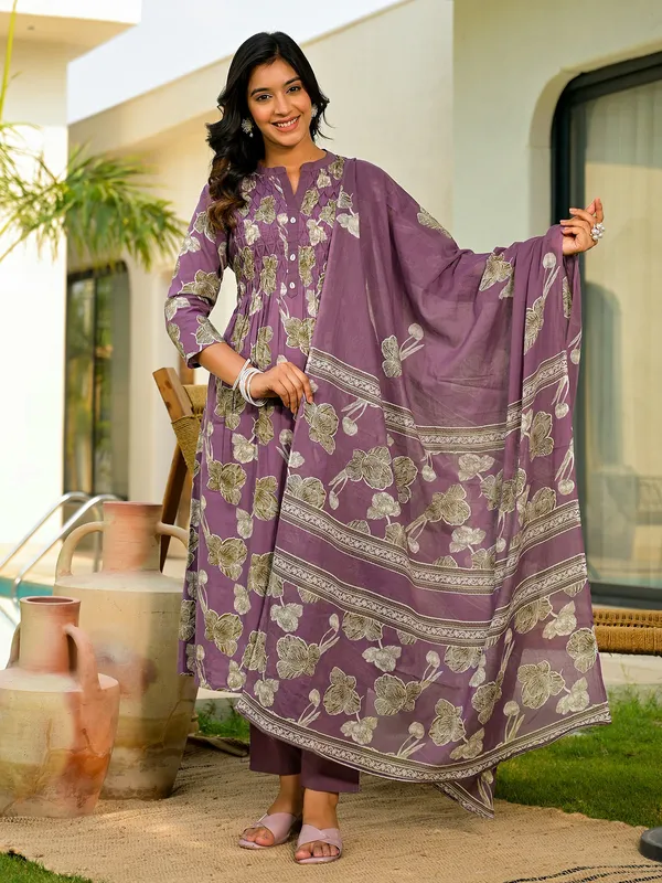 Trendy purple printed cotton kurti set