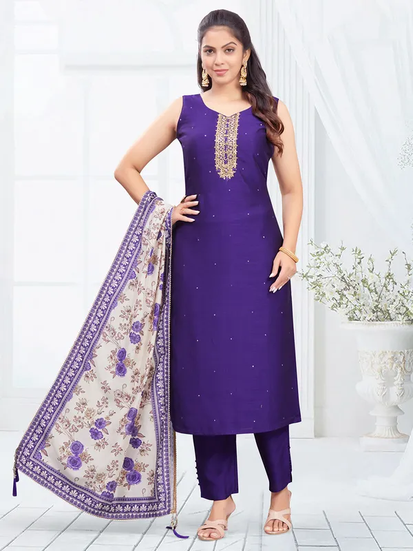 Trendy purple silk straight cut salwar suit