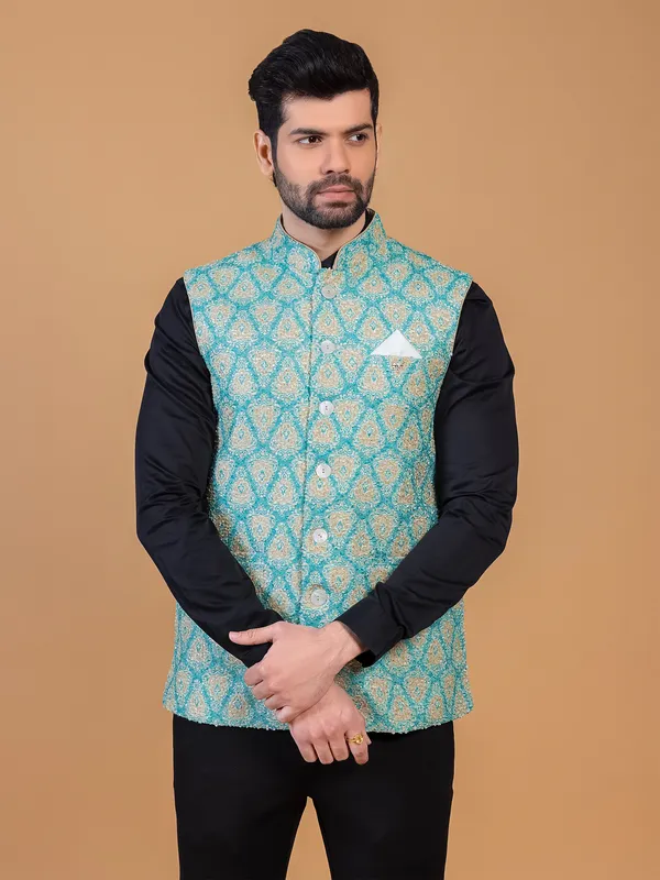 Trendy rama blue printed waistcoat