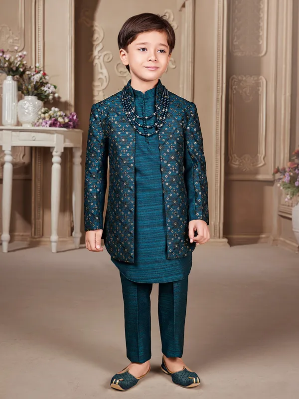 Trendy rama blue silk indowestern