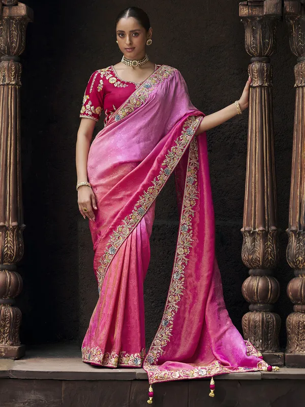 Trendy rani color viscose saree