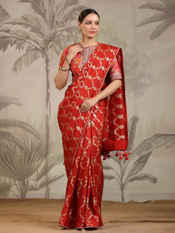 Trendy red dola silk saree