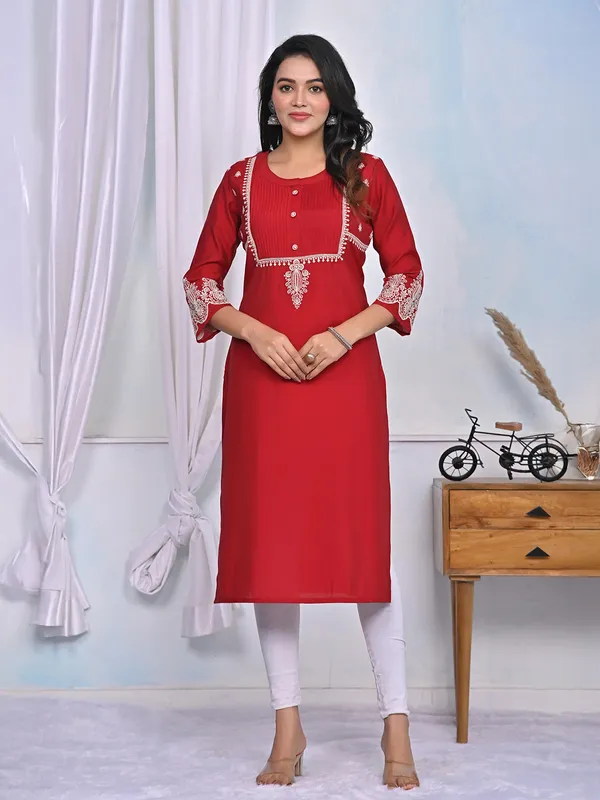 Trendy red embroidery cotton silk kurti