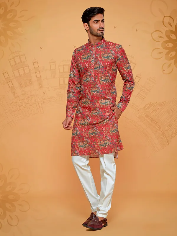 Trendy red floral printed kurta set