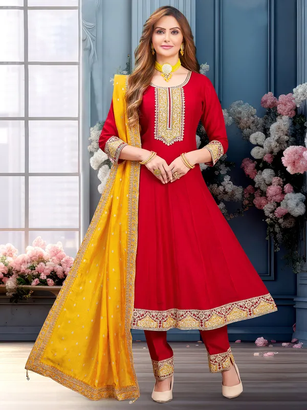 Trendy red silk salwar suit