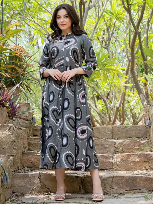 Trendy silk dark grey printed kurti