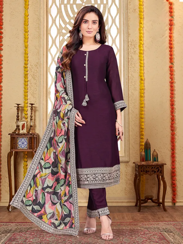 Trendy silk dark purple straight cut salwar suit