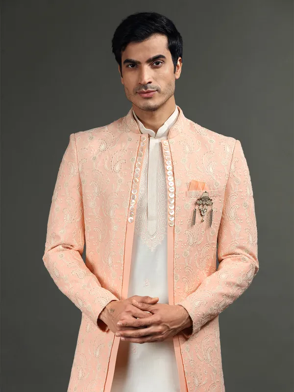 Trendy silk peach and cream indowestern