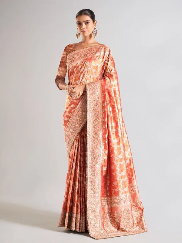 Trendy silk peach saree for wedding