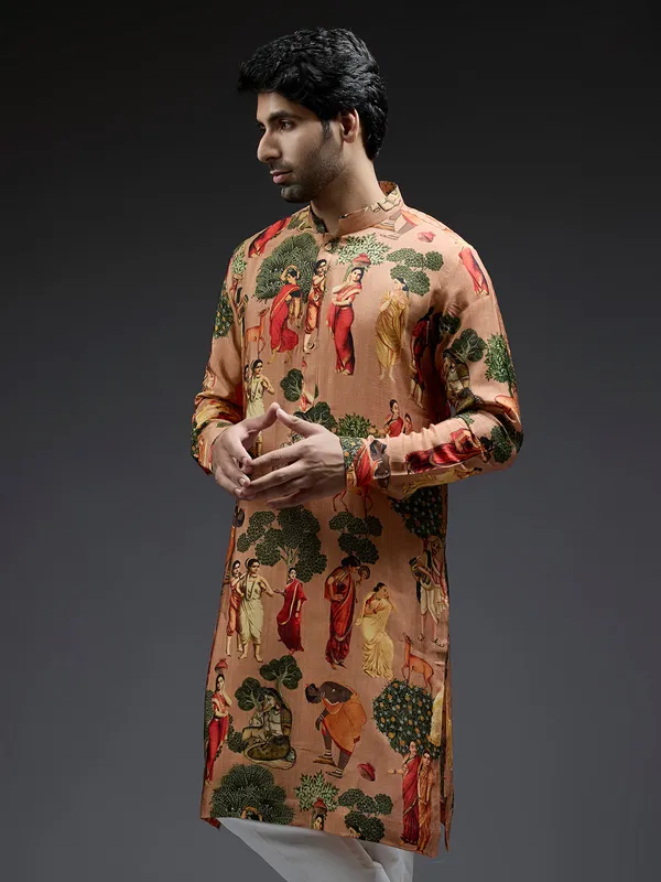 Trendy silk peach village theme printed kurta suit