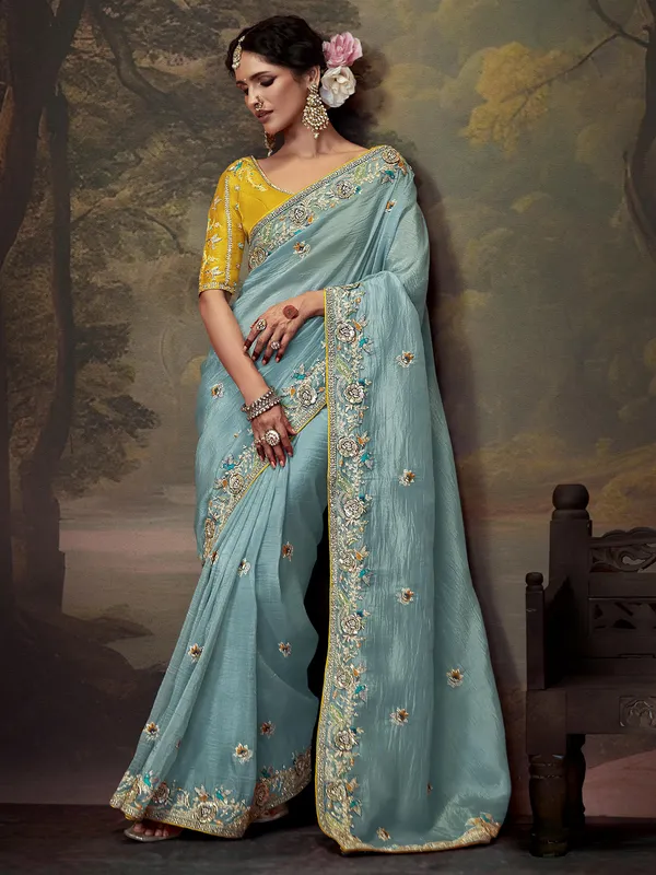 Trendy sky blue crepe silk saree