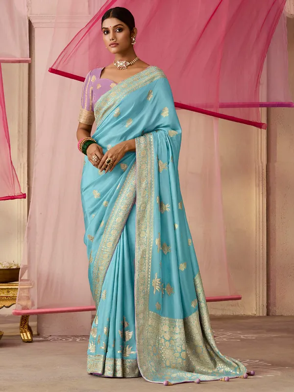 Trendy sky blue dola silk saree
