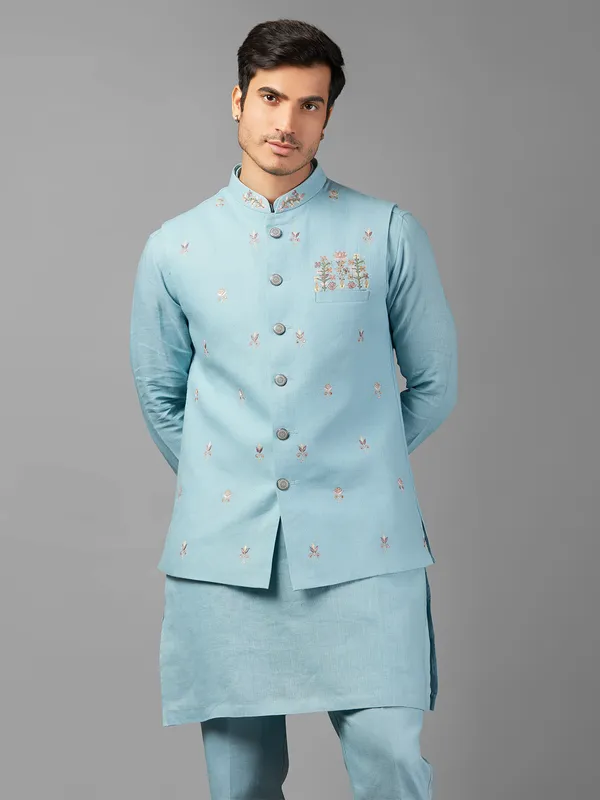 Trendy sky blue linen  waistcoat set