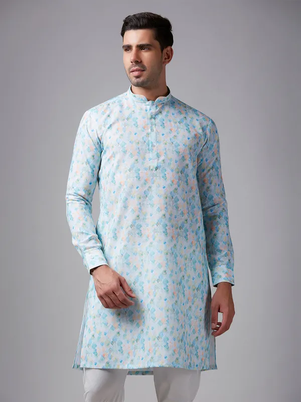 Trendy sky blue printed linen kurta suit